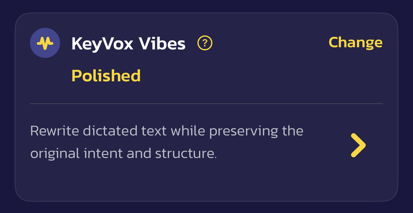 KeyVox Vibes settings card
